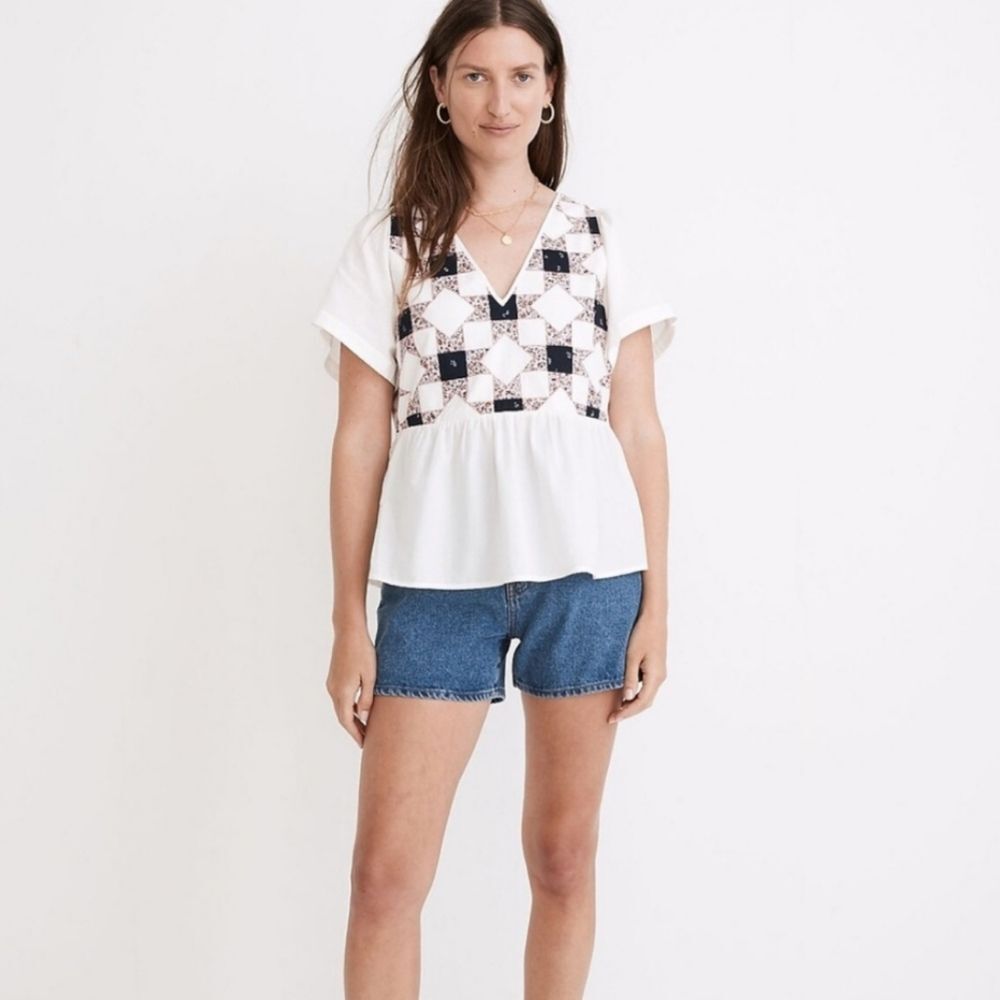 Madewell Flutter-Sleeve Peplum Top in Patchwork Quilt Size XXS